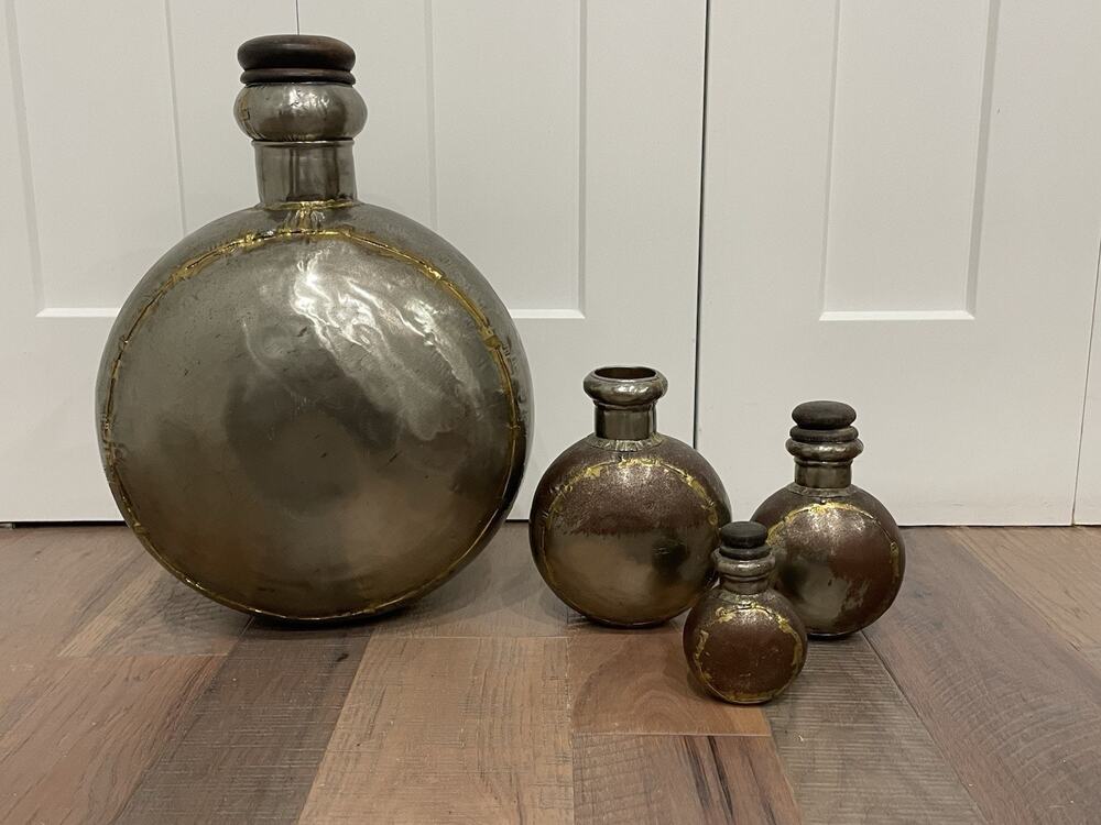 4 Vintage Metal Indian Water Bottles Dovetailed Jug Vessel With Lid Rare